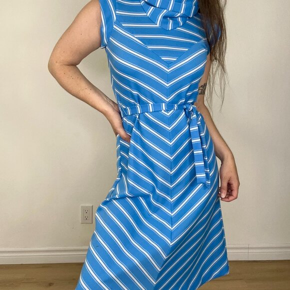 *Custom Made Blue Striped Turtleneck Sleeveless Dress - Picture 2 of 7
